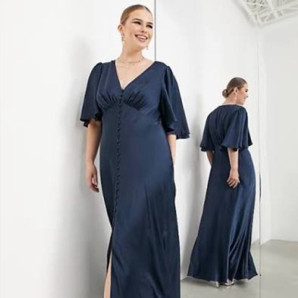 NEW ASOS curve satin blue flutter sleeve dress